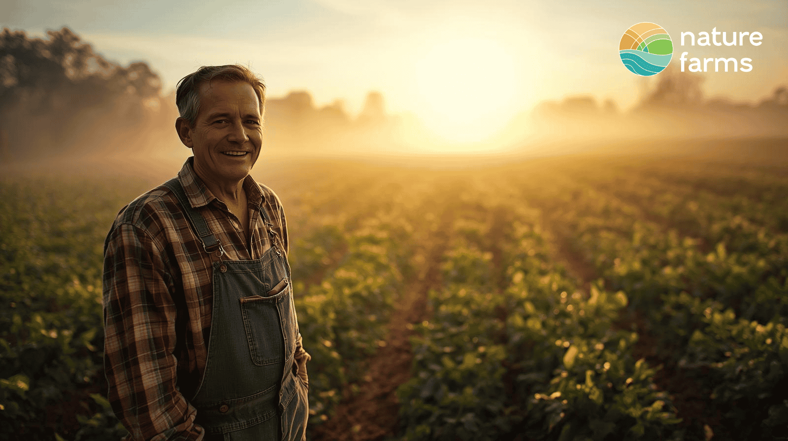 A hopeful, wide shote of a farmer looking out over their healthy, thriving fields at sunrise. A hopeful, wide shote of a farmer looking out over their healthy, thriving fields at sunrise.