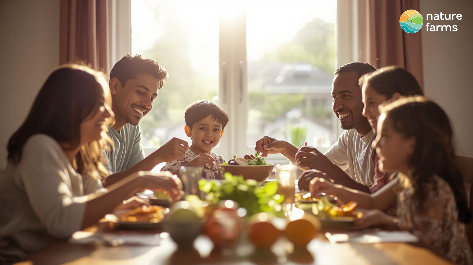 A family dinner with people eating nutritious food